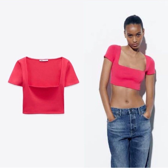 Zara Pink Crop Top Short Sleeve Fitted Blouse - Picture 1 of 3